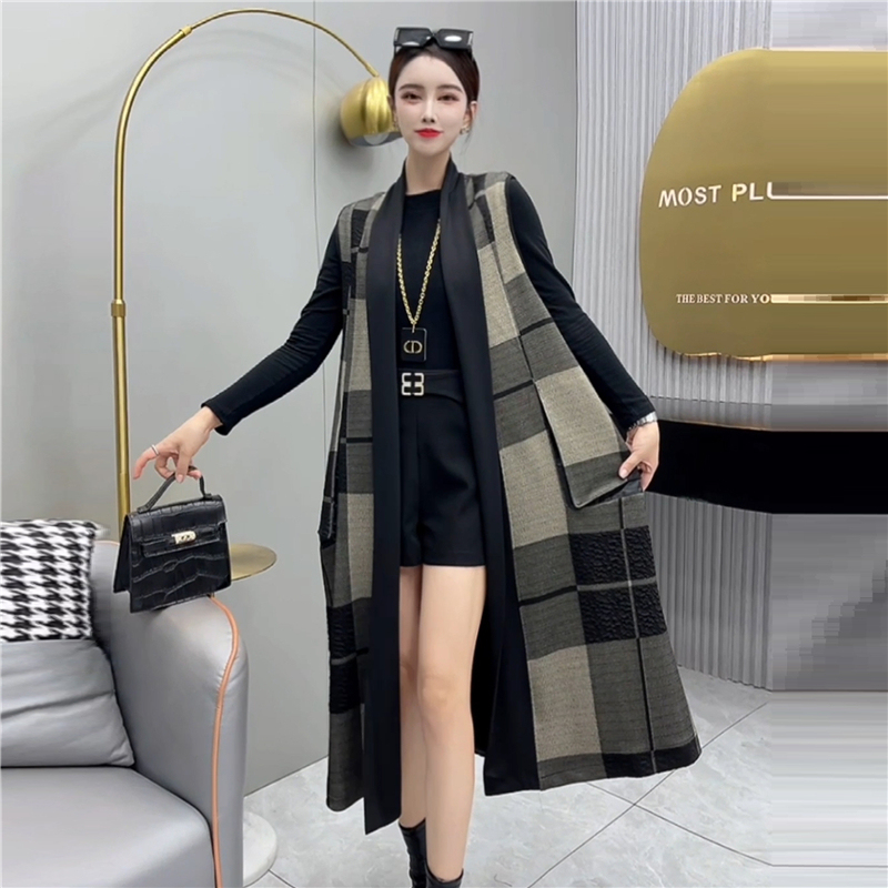Windbreaker Vest for Women, Mid-Length Cardigan for Autumn, 2024 New Autumn and Winter Long Vest, Plaid Over-The-Knee Coat