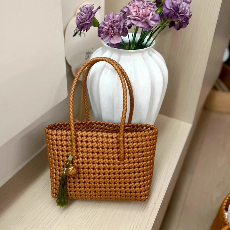 Hand-Woven Rattan Bag DIY Material Kit, Rattan Bag with a High-End Feel, Hollow-Out Vegetable Basket Woven Tote Shoulder Bag