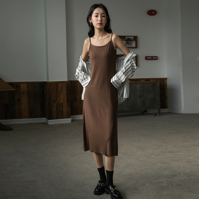 Selected High-Elastic Cotton Camisole Dress for Women, Summer 2026 New Style, Loose Straight Tank Top Long Dress, Over-The-Knee Trendy