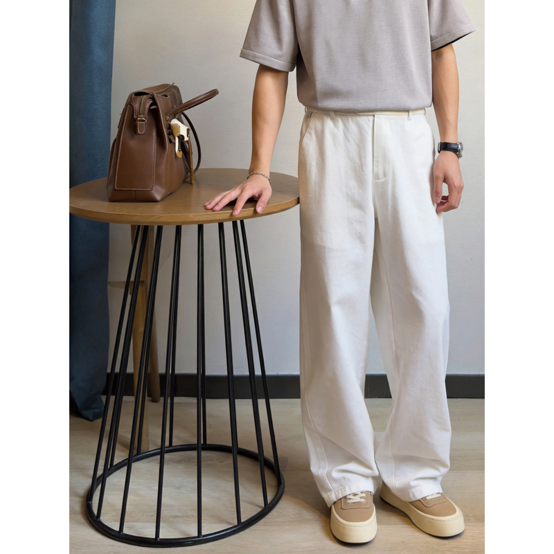 Yushen Relaxed White Straight-Leg Casual Pants for Men, Summer Tencel Lyocell Cotton Blend Elastic Waist Long Pants