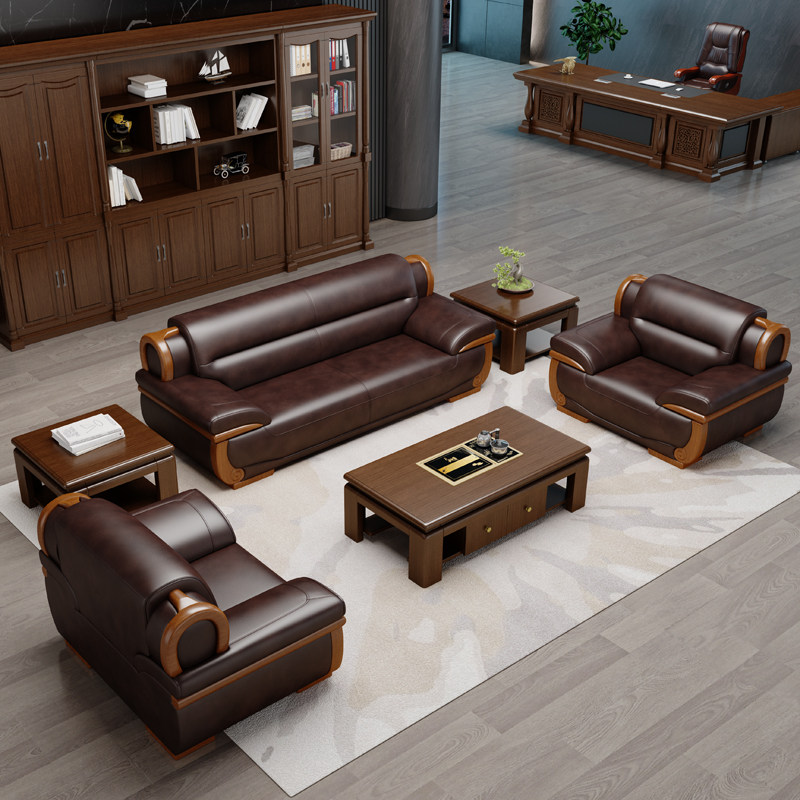 Real leather office sofas tea table combined upscale atmosphere office sofas minimalist modern business guests sofas 