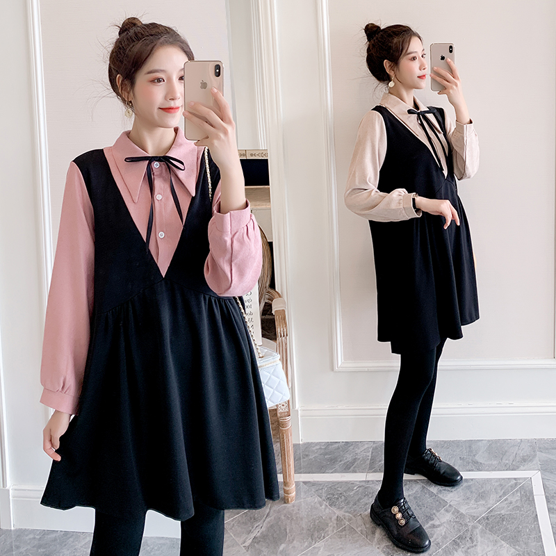 Large size Pregnancy Woman Dress Fall Fashion Suit Pregnant pregnant woman Spring and autumn medium long version of the dress 200 catty Loose Color blouse