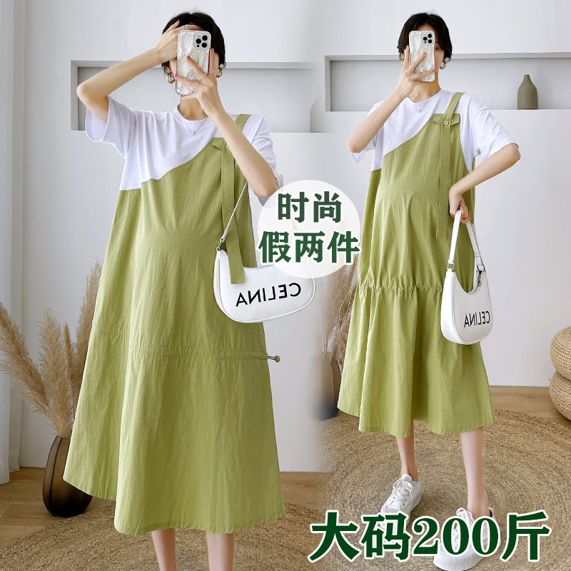 Oversized pregnant women's short-sleeved dress summer tide mom high-end fashion Western style loose and thin long skirt 200 catties