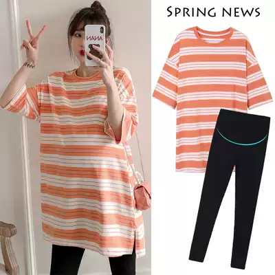 Large size maternity summer cotton short-sleeved T-shirt 200 kg pregnant women summer suit fashion loose two-piece top