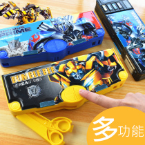 Transformers stationery box Multi-functional primary school children kindergarten boys pen box Plastic creative large capacity first grade boys boys pencil bag 1-3 grade Korean version junior high school students automatic