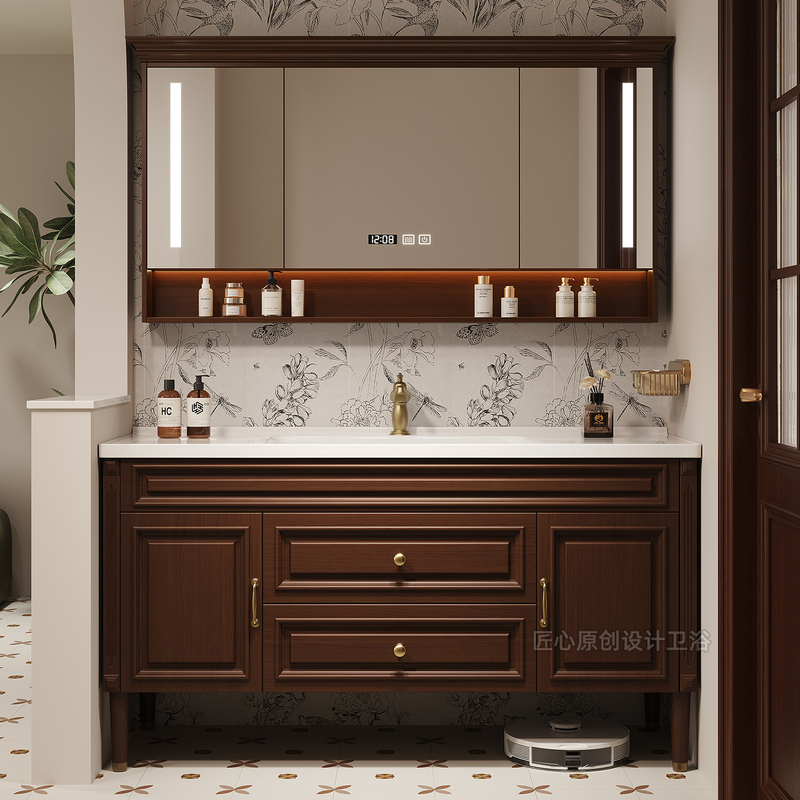 American-Style Retro Oak Bathroom Cabinet Set, Freestanding Solid Wood Washbasin Cabinet, Washstand, Bathroom Ceramic Integrated Basin