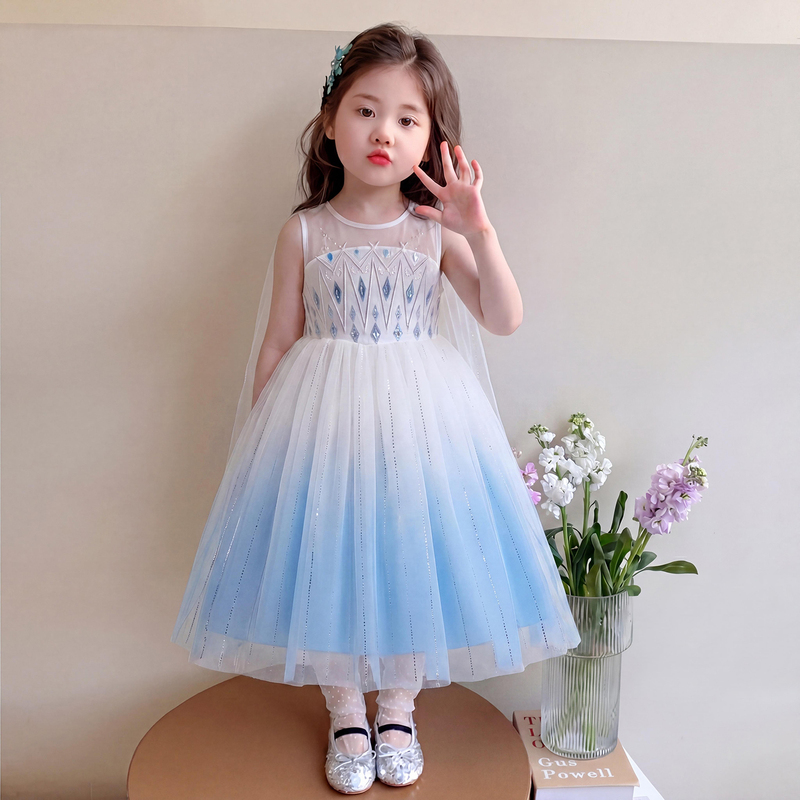 Girls' Elsa Princess Dress 2026 Summer New Sweet Mesh Dress Kidsren's Stylish Birthday Dress Skirt