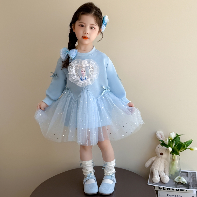 Girls' Autumn Elsa Dress, Children's Stylish Long-Sleeved Dress, Stylish Splicing Elsa Spring and Autumn Fashionable Princess Tulle Dress