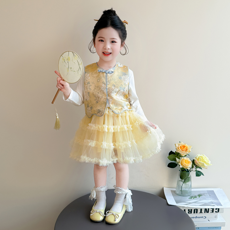 Girls' Spring New Chinese-Style Princess Dress, Spring and Autumn Long-Sleeve Tiered Dress, Stylish Vest Set Dress