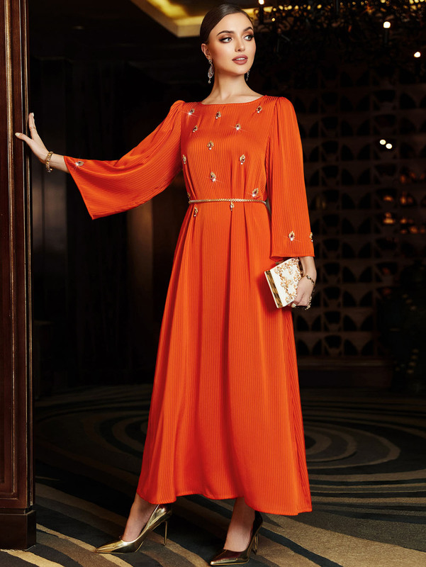 New Style Fiery Orange Hand-Sewn Rhinestone Knitted Dress Middle East Dubai Plus Size Long Dress Party Dress Stage Costume New Style Fiery Orange Hand-Sewn Rhinestone Knitted Dress Middle East Dubai Plus Size Long Dress Party Dress Stage Costume