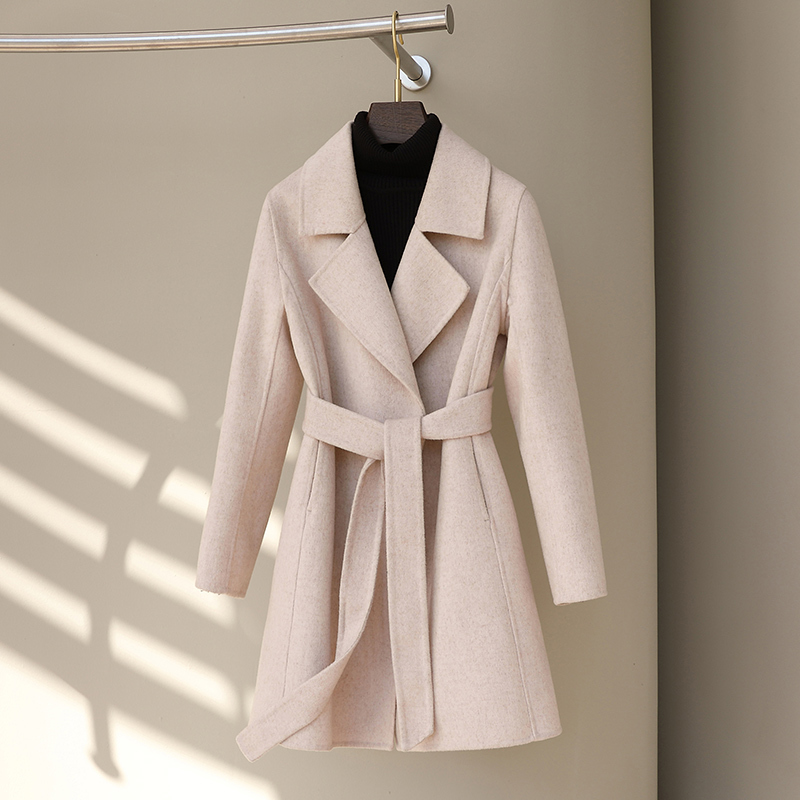 Off-White Double-Sided Cashmere Coat for Women, Mid-Length, Petite, Woolen, New Style, Elegant, Slim-Fitting Woolen Jacket