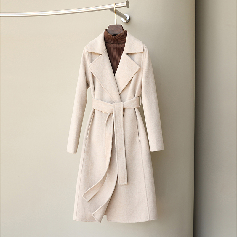Off-White Double-Sided Cashmere Coat for Women, Mid-Length, Slim Fit, with Tie, 2026 New Autumn and Winter High-End Woolen Coat