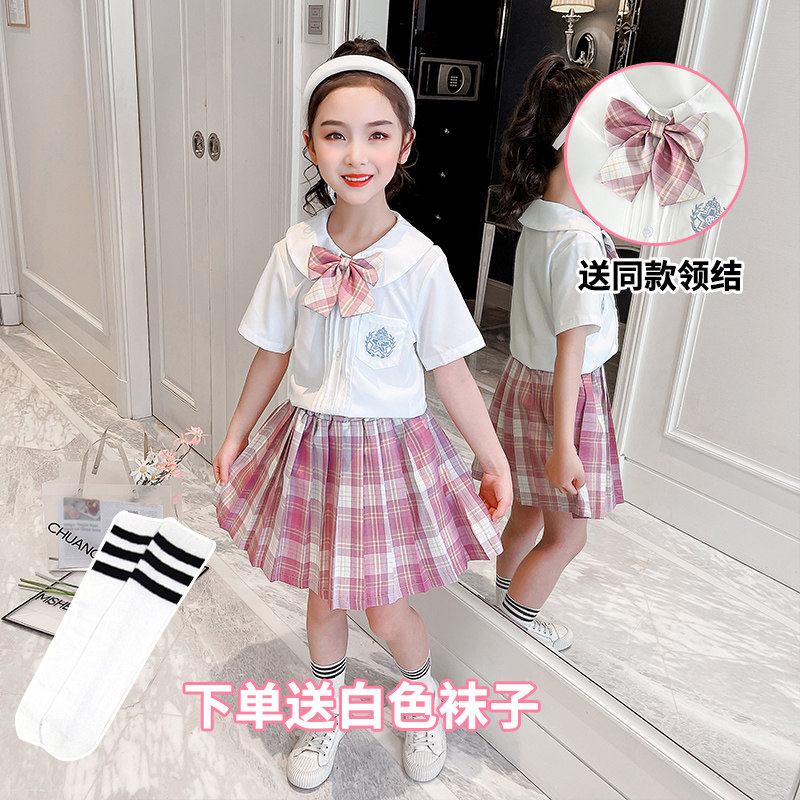 Jk uniform skirt genuine girls Japanese jk plaid skirt suit children's school uniform summer primary school students pleated skirt two-piece set