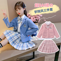 Girls  Japanese college jk suit 2021 spring and autumn new western-style shirt student plaid short skirt suit three-piece suit