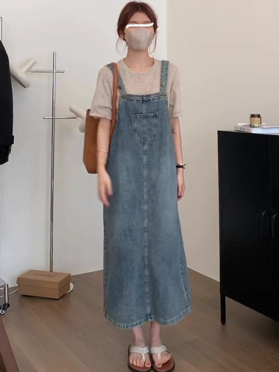 2025新款韩版百搭宽松春夏减龄盐系复古开叉牛仔背带裙女中长款