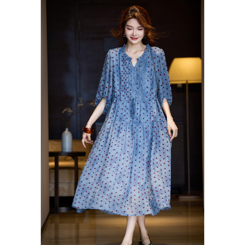 Casual Printed Waist-Cinching Chiffon Dress for Women, Summer New Style with Ruffled Edges, Long Dress, 2026 Plus-Size Dress Casual Printed Waist-Cinching Chiffon Dress for Women, Summer New Style with Ruffled Edges, Long Dress, 2026 Plus-Size Dress
