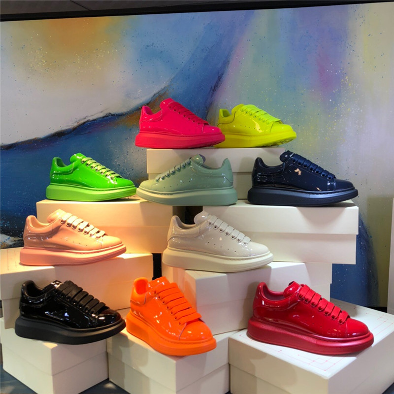 European Style Men's and Women's Couple Fashion Patent Leather Low-Top White Shoes Genuine Leather Platform Thick-Soled Height-Increasing Mirror-Like Solid Color Patent Leather