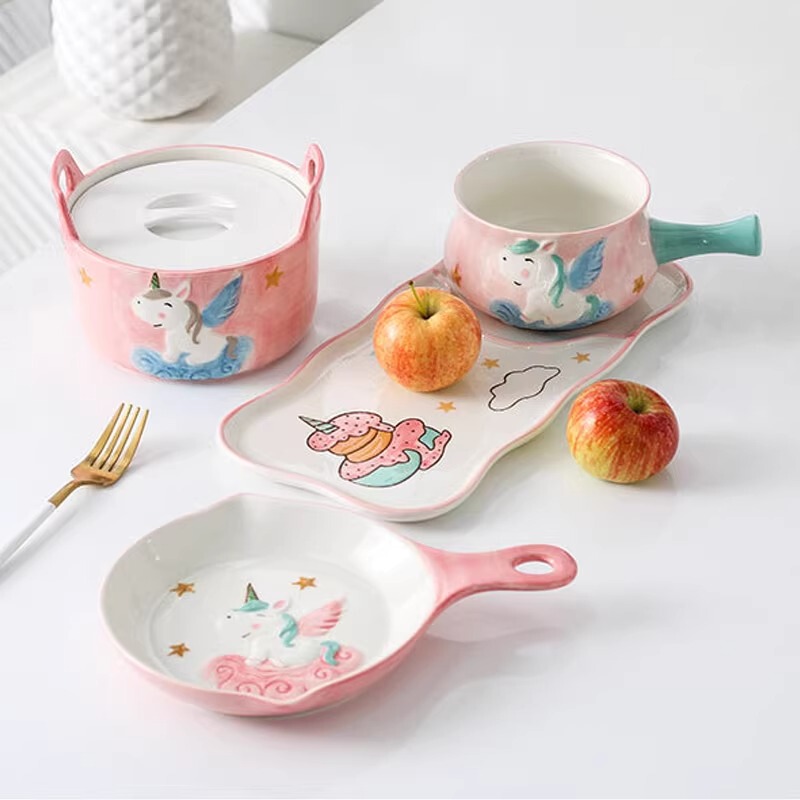 Unicorn Children's Tableware Set, Ceramic, Cute Cartoon, One-Person Dining, Single-Serving, Beautiful Plate, Trendy Style