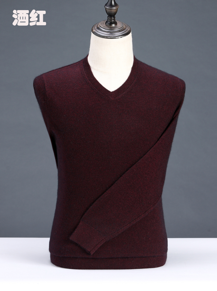 Ordos nam màu rắn cashmere áo trung niên nhung v-cổ mỏng phần cổ áo hình trái tim len quần áo áo thun dài tay nam