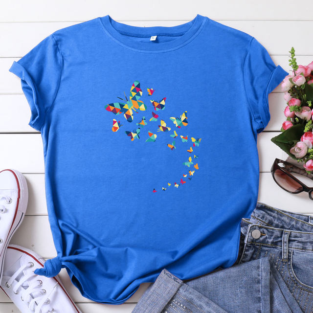 Women T-shirt Butterflies summer foreign trade short-sleeved t-shirt women's European and American round neck butterfly top clothes