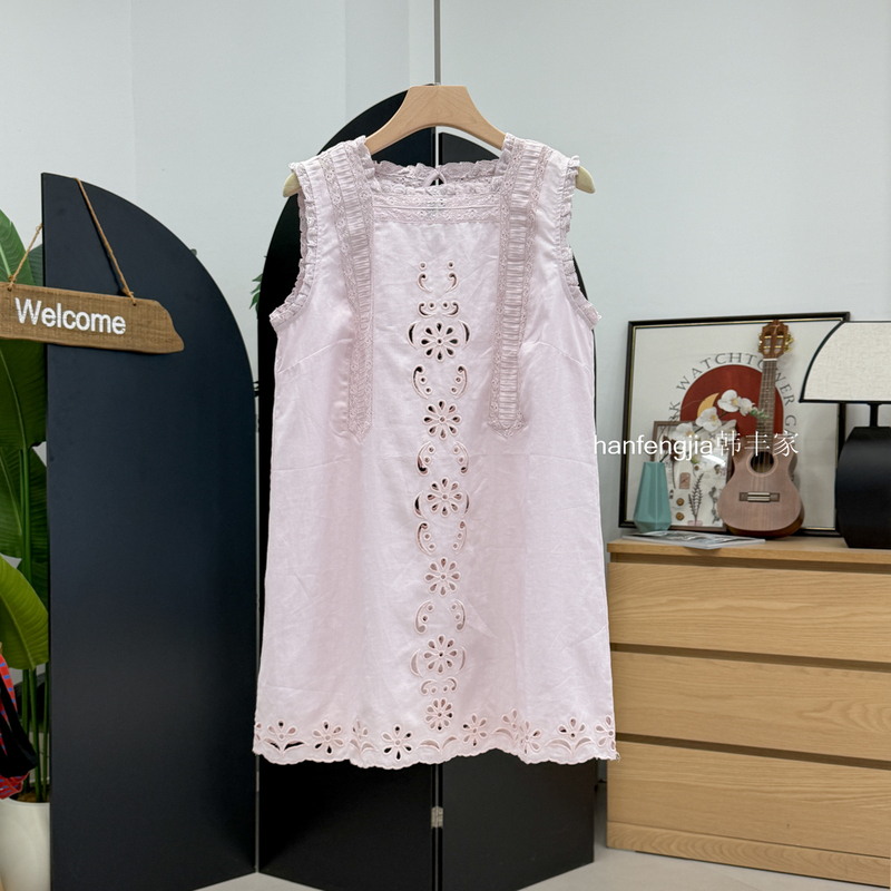 Instant Delivery~Uncle 26 Summer French-Style Ramie Lace Embroidered Hollow-Out Versatile Sleeveless Dress