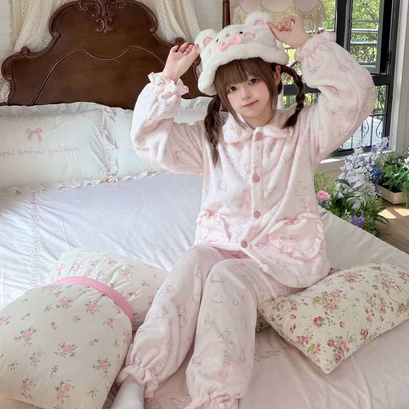 Original Model [Good Night Rabbit] Double-Sided Flannel Winter Women's Long-Sleeved Long Pants Pajamas Thickened Warm Home Wear Set
