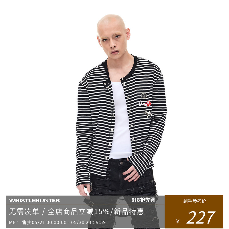 Whistlehunter (Wstht) Whistle Hunter Four-Button Striped Slim Couple Long-Sleeve Knit Cardigan