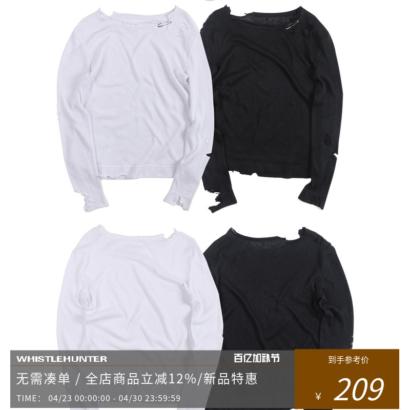 Whistlehunter(Wstht) Whistle Hunter [Distressed] Knitted Frayed Button Slim Fit Thin Long Sleeve T-Shirt