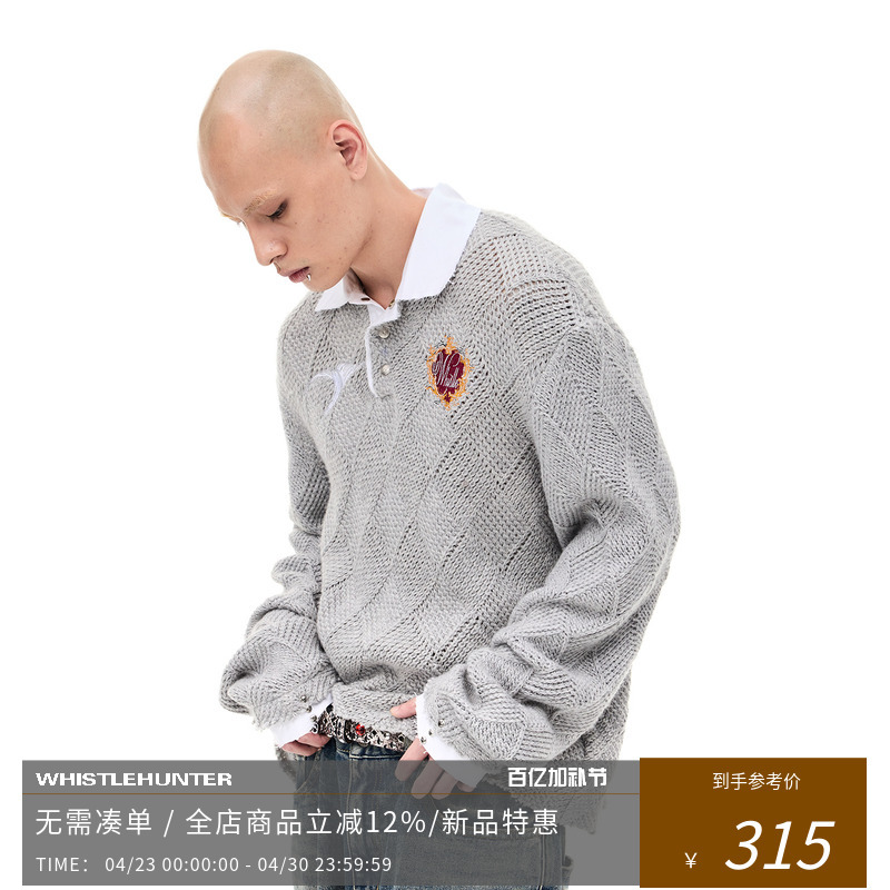 Whistlehunter (Wstht) Whistle Hunter Knitted Diamond Check Opium Wool Blend Polo Sweater