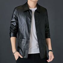 European station genuine leather leather clothing mens spring and autumn leisure high-end leather jacket Han version handsome and turvy collar locomotive jacket py