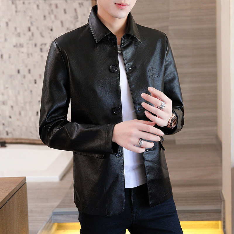 European station leather leather men Spring and Autumn Tide brand casual high-end leather jacket Korean handsome lapel locomotive coat py