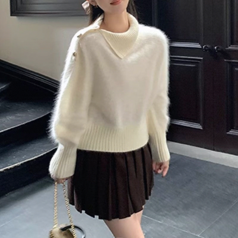 Pure and Fresh French-Style Irregular Buttoned Long-Sleeved Turtleneck Pullover Sweater for Women, New Soft and Cozy Knitwear for Autumn and Winter Pure and Fresh French-Style Irregular Buttoned Long-Sleeved Turtleneck Pullover Sweater for Women, New Soft and Cozy Knitwear for Autumn and Winter