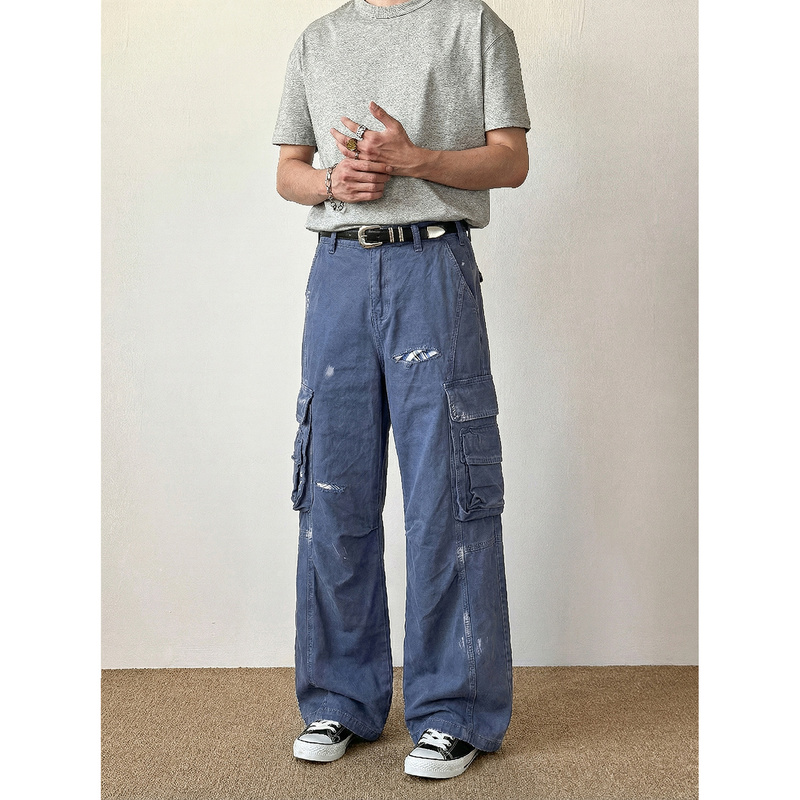 Svuefr Heavy-Duty Washed Distressed Work Blue Work Pants Unisex American Retro Design Loose Wide-Leg Pants