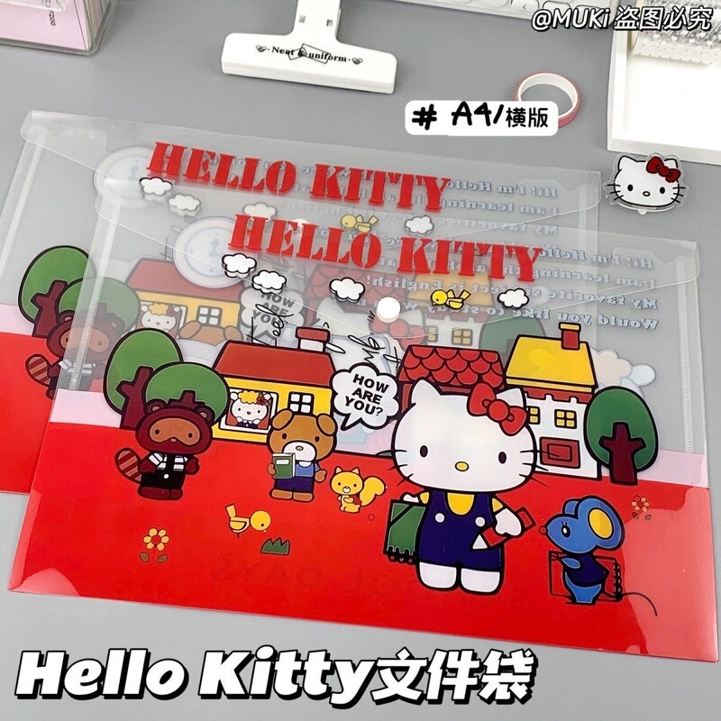ins High-Quality Kitty Cartoon Snap-Button Student Large-Capacity A4 Document Bag Waterproof Storage Bag