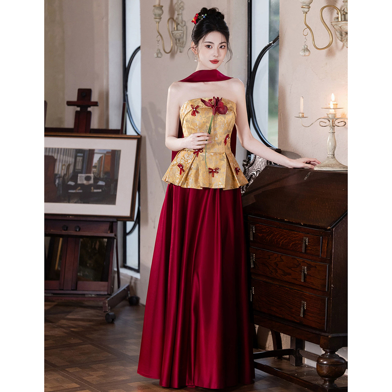 Bride's Toast Dress, New Chinese-Style Morning Gown Set, High-End and Elegant Strapless Gown with a Sense of Sophistication, Niche Wedding and Engagement Dress