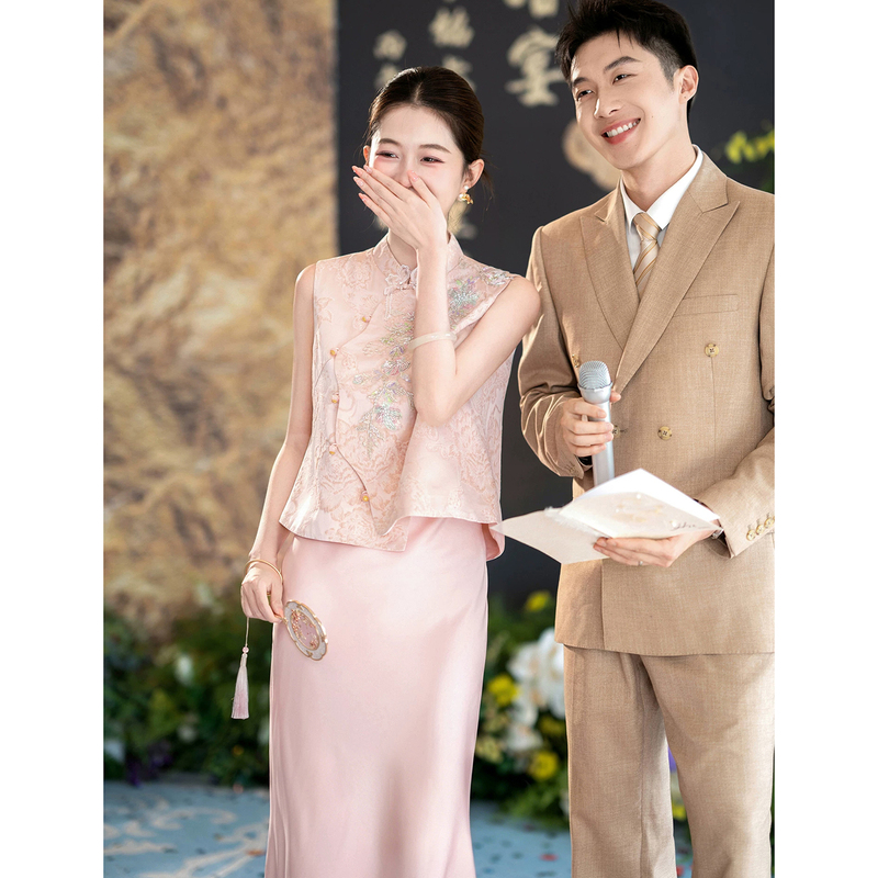 Pink New Chinese-Style Morning Robe, Engagement Dress, Cheongsam, Toast Dress, Bride Suit, Wedding Registration, Can Be Worn Daily
