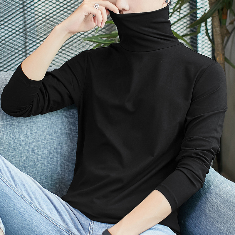 Modal Half-High Collar Long-Sleeve T-Shirt for Men, Autumn Korean Style Trendy Black Base Layer Shirt, Inner Wear, Mid-Collar Autumn Shirt