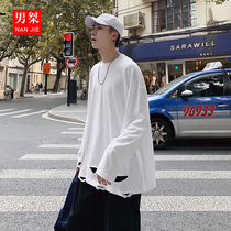 Mens t-shirt Long-sleeved summer port wind top base shirt White with holes in Japanese antique ins sweater cotton