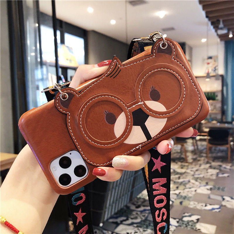 Luxury leather cartoon glasses bear iphone11 apple 11promax mobile phone case 8plus silicone iphoneX women's XR lanyard XsMax all-inclusive 7