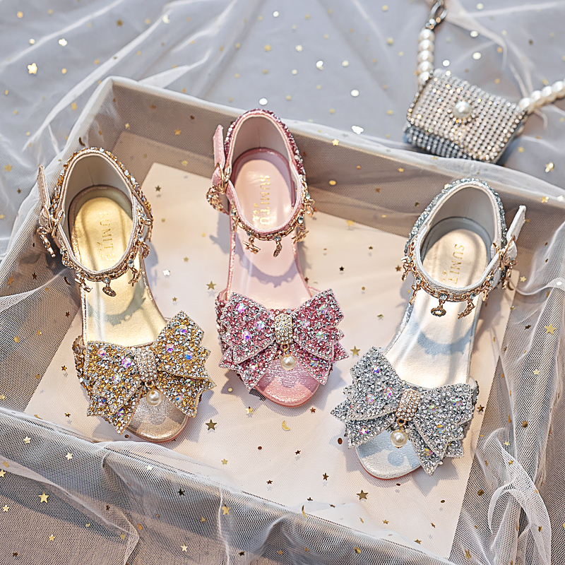 New Kidsren's High-Heeled Crystal Princess Shoes for Middle-Aged and Primary School Students, Stage Host Sandals, Catwalk Girls' Shoes
