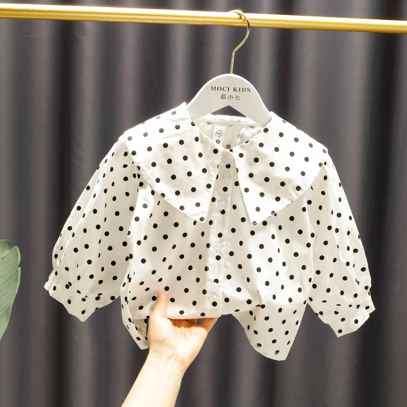 Girls white dot shirt 2022 Spring new child cotton shirt girl baby doll collar coat