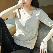 Pure cotton long-sleeved T-shirt womens 2021 spring and summer Korean version of the new bottoming shirt 100%cotton V-neck loose solid color half-sleeved top