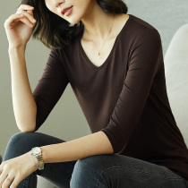 Modal T-shirt womens three-point sleeve 2021 spring and summer new mid-sleeve spring clothes with v-neck five-point solid color bottoming shirt summer