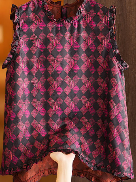2026 Summer Thin Mulberry Silk Blended Vest French Ruffled Diamond Pattern Waistcoat Rose Red Vest for Women
