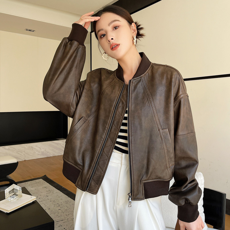 Retro Distressed Sheepskin Motorcycle Jacket 2025 New Style Genuine Leather Jacket Women's Short Casual Baseball Uniform