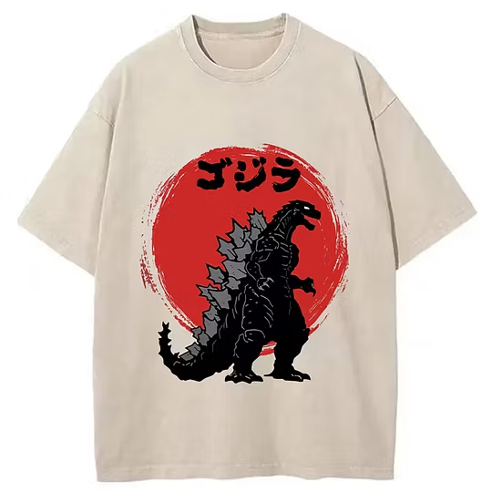 Japanese Godzilla Monster Dinosaur Monster Washed Neutral T-Shirt Washed and Distressed Short-Sleeved Hip-Hop Retro Clothing Japanese Godzilla Monster Dinosaur Monster Washed Neutral T-Shirt Washed and Distressed Short-Sleeved Hip-Hop Retro Clothing