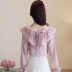 Áo sơ mi voan dài tay trumpet tay áo hàng đầu quần áo phụ nữ mùa thu 2021 mới hợp thời trang mùa xuân áo sơ mi ren tất cả các kết hợp - Áo sơ mi chiffon ren