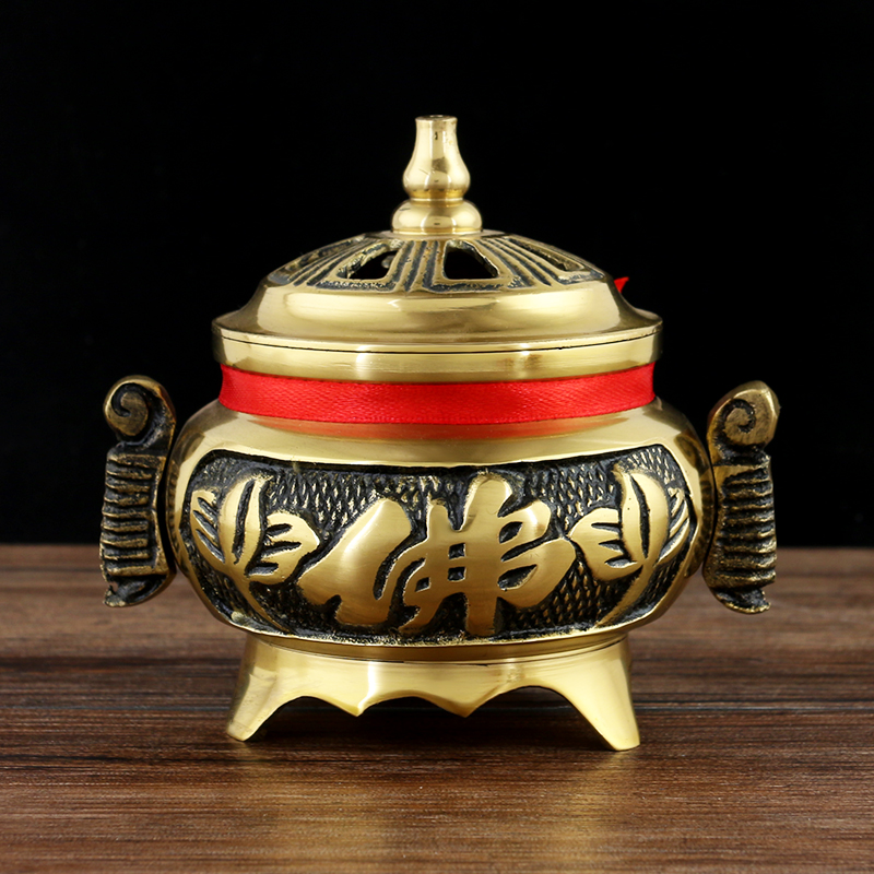 Copper incense burner incense burner pan incense burner copper two-sided Buddha word copper sandalwood stove pure copper incense road supplies Buddha equipment ornaments Buddha Hall