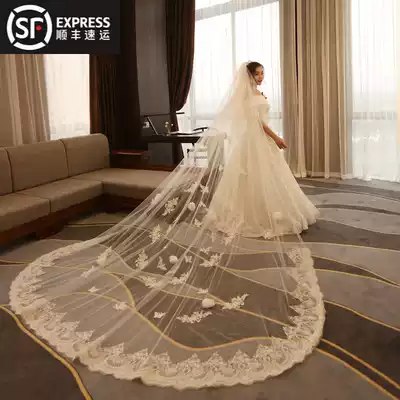 Long tailed bride main wedding veil high Champagne wedding lace lace wedding tiara Super fairy