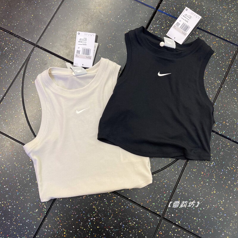 Nike Women's Summer Running Embroidered Logo Vest Breathable Sleeveless Ribbed Short T-Shirt Top Fb8280